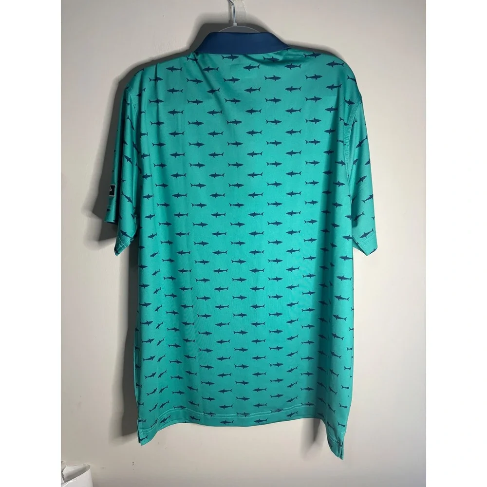 Waggle Golf Polo Shirt Mens Large Teal Green Blue Shark Print Performance - Picture 3 of 5